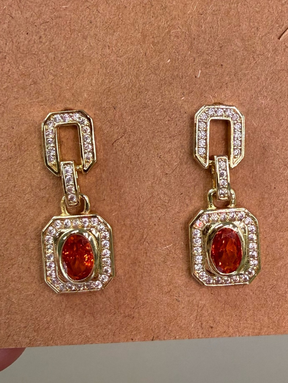 18k GP Drop Stud Earrings with Red Gemstone and Pavé Accents